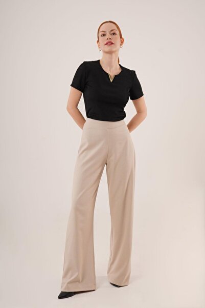 buğrahayalin    Wide Leg Side Zipper Cream Fabric Trousers