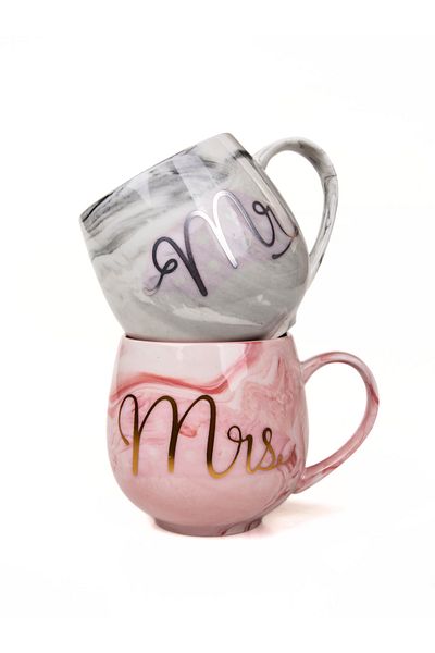 MUKKO HOME Luxury Marble Patterned Mr & Mrs Set of 2 Porcelain Mugs, 400 ml and Gift Box.