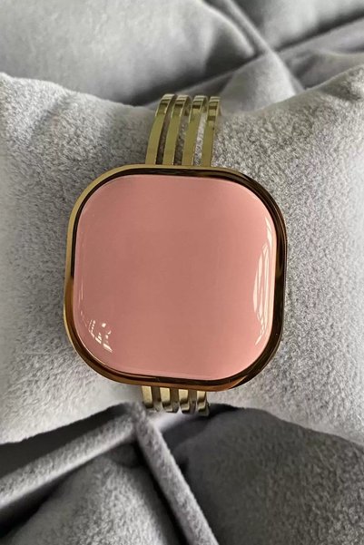 CAŞ DEKORASYON Gold Color Pink Stone Steel Handcuff Bracelet
