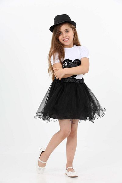 Dıgıl Kids Black Line Skirt Heart T-Shirt Girl's Top and Bottom Set April 23 October 29 Show Clothes