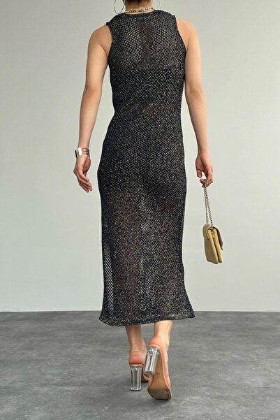 ESSE BUTİK Ασημί διάτρητο μακρύ φόρεμα σε μπλε ναυτικό και κίτρινο