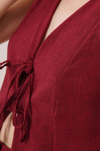 TUA MODA Tua Moda Front Tie Detailed Vest and Trousers Claret Red Two-Piece Set