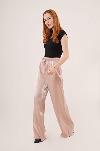 Pazarcan Beige Wide Leg Trousers with Shiny Look Pockets