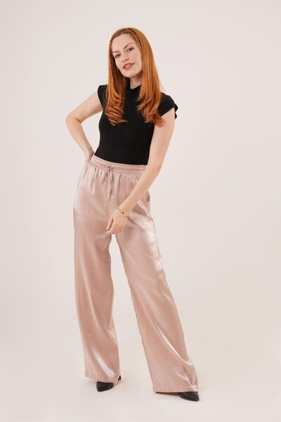 Pazarcan Beige Wide Leg Trousers with Shiny Look Pockets