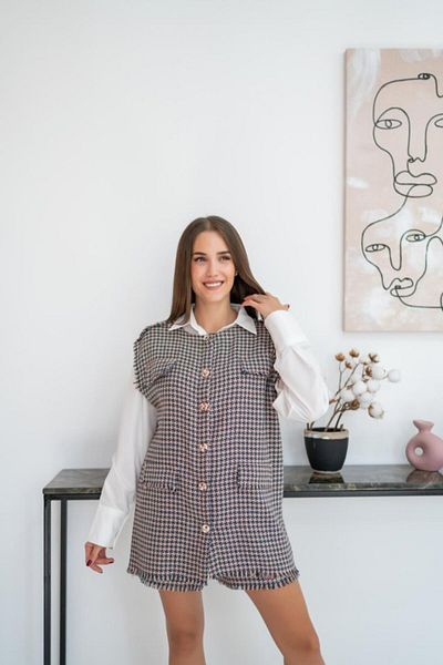 leyla sanat sanata yeni bir bakış açısı Leyla a New Perspective on Art Blue Houndstooth Print Vest and Shorts Set