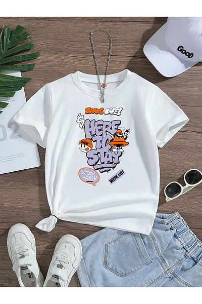 Eysaah Tricou premium cu guler de bicicletă pentru copii cu imprimeu Here To Stay