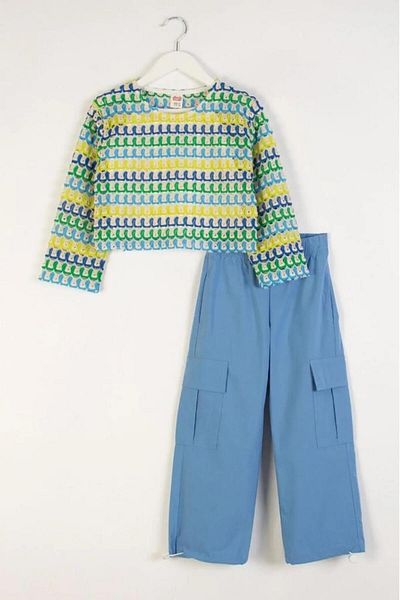 Magu Girl's 3 Piece Set – Patterned Sweatshirt, Cargo Pants and Basic Undershirt