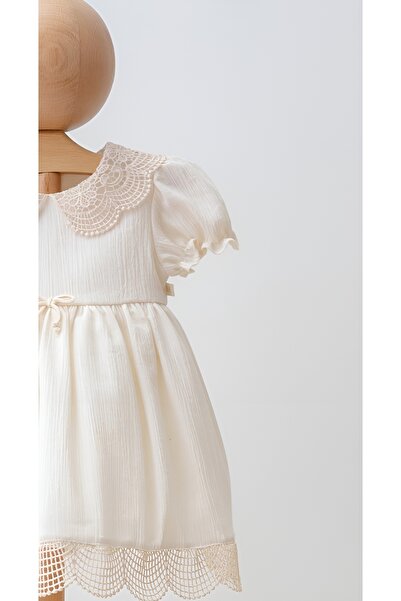 Mymio Watermelon Sleeve Baby Collar Girl's Embroidered Crinkle Dress - Lined Girl's Dress with Collar and Hem Detail