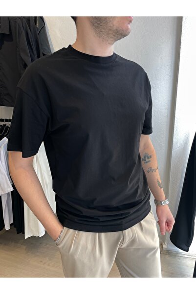 Erkek Oversize Ribanalı Basic Tişört Siyah