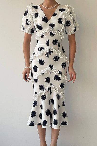 HASYAMORE White Polka Dot Ruffle Detail Midi Length Special Design Dress