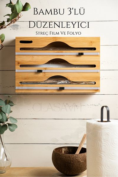 clasavm 3 Compartment Stretch Foil Cutting Box |   Bamboo Cling Film Foil Cutter Organizer