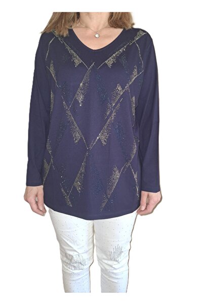 HaiModa Kadın Anne Penye Bluz Büyük Beden Ön Taşlı Uzun Kol U Yaka