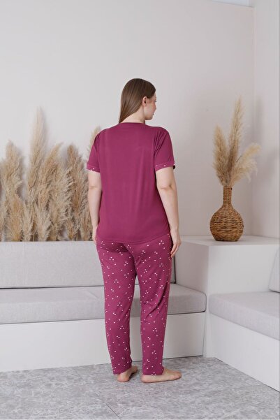 Eyfuze Women's Milan Fabric Large Size Curve Printed Patterned Short Sleeve 1St Quality Bamboo Pajama Set