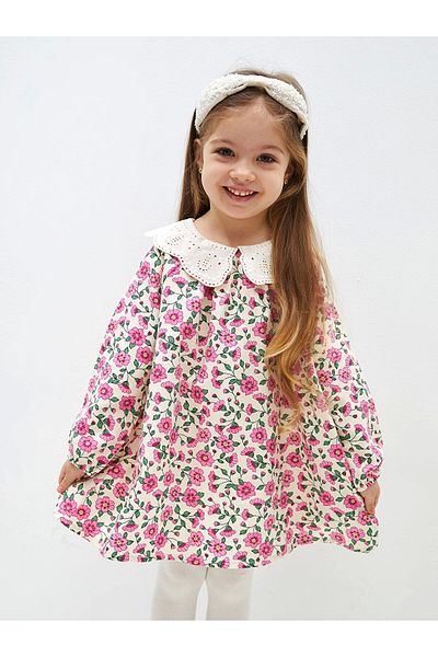 LC Waikiki Floral Patterned Baby Collar Short Sleeve Dress for Baby Girl