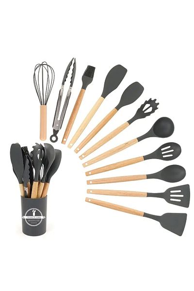 Tilbe Home 12Parça Silikon Kevgir Kepçe Çırpıcı Kaşık Spatula Maşa Servis Seti Bambu Saplı Gri Mutfak Takımı