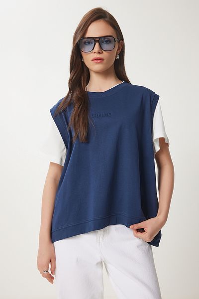 Lovelyİstanbul Tricou tricotat din bumbac de culoare contrastantă ALBASTRU ÎNCHIS LCR0033
