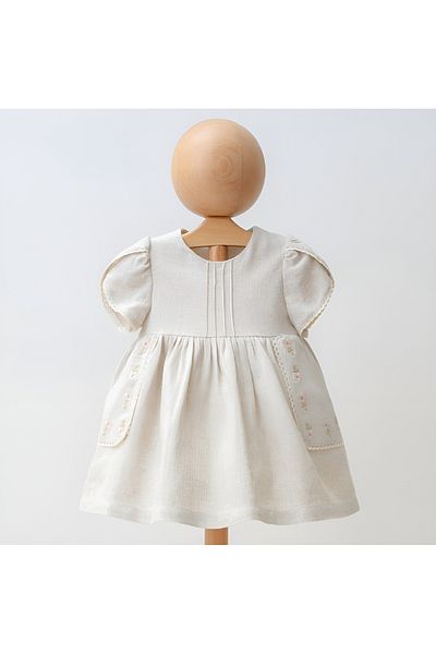 Mymio Girl's Linen Dress with Sleeve Detail and Embroidered Pockets - Lined - Embroidered Linen Dress