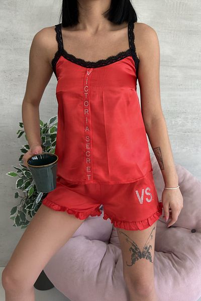 FENZO Set pantaloni scurți roșii brodați cu dantelă din satin