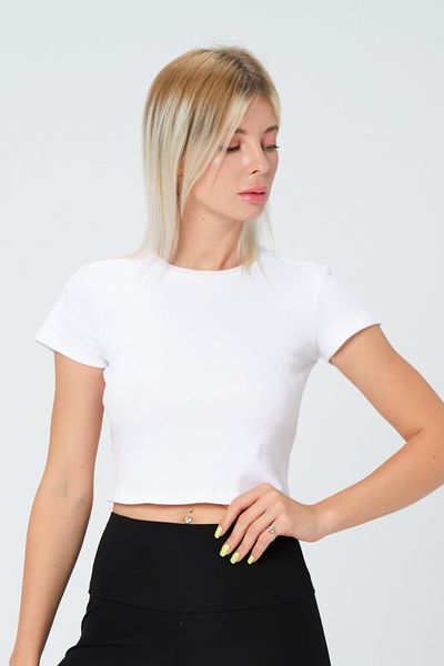 PUNKY CAT Women's White Crew Neck Short Sleeve Basic Ribbed T-Shirt