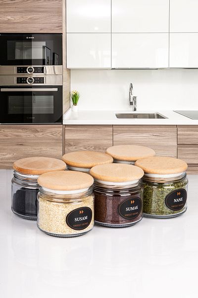 Karçiçeği Home 12-Piece Vacuum Labeled Glass Spice Jar Storage Container with Lid - Jar 300 ml