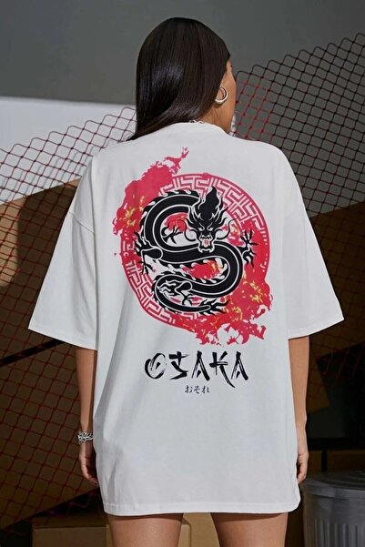 NoVibe Tricou oversize pentru femei cu imprimeu „osaka Dragon japonez” alb
