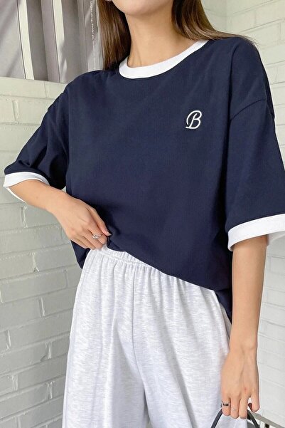 NoVibe Γυναικείο μπλουζάκι από βαμβακερό Navy Blue 'b' Look Oversize