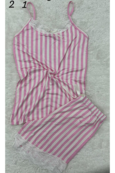 Mina İp askılı pembe çizgili şortlu pijama takımı