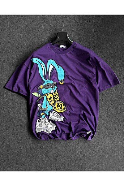 NoVibe Tricou oversize din bumbac de culoare violet cu imprimeu Rich Bunny