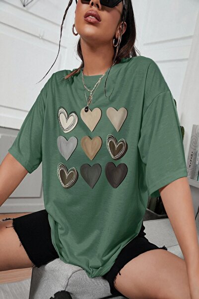 NoVibe Large Size Water Green 3x3 Heart Printed 'Oversize T-shirt?