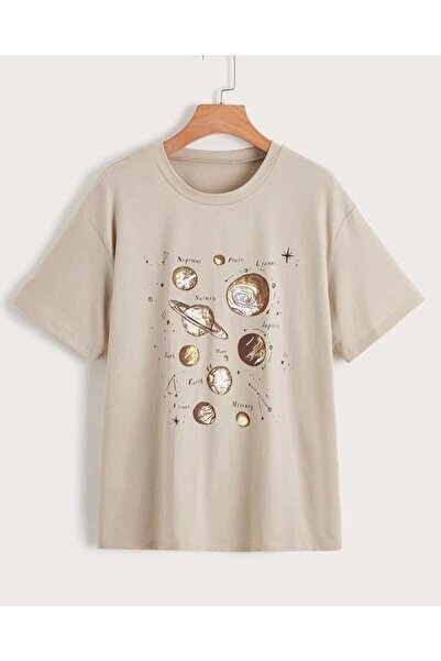 NoVibe Kids 9 Planet Names Written Oversize Cotton Beige Παιδικό T-shirt
