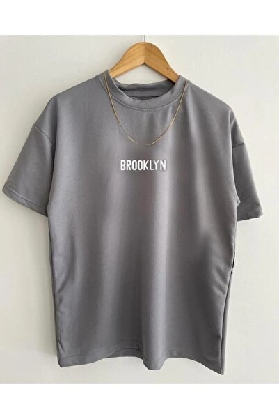 NoVibe Γκρι μπλουζάκι Unisex με στάμπα Brooklyn