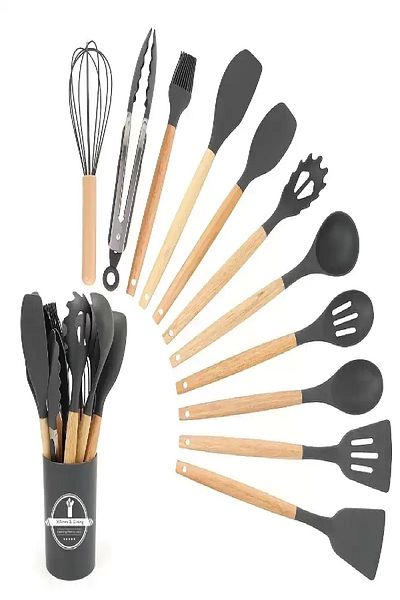 Berdina Home 18Piece Silicone Ladle Colander Spoon Brush Beater Spatula Tongs Serving Set Kitchenware with Bamboo Handle