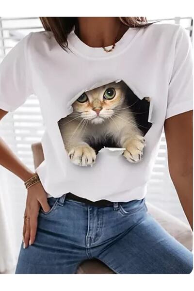 NoVibe Μπλουζάκι 3d Cat T-shirt με γραφικό 3d σχέδιο με στρογγυλή λαιμόκοψη