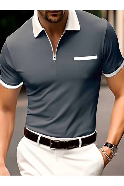 NoVibe Μπλουζάκι γκολφ Unisex Plus Size Γκρι κοντό μανίκι με φερμουάρ 100% βα...