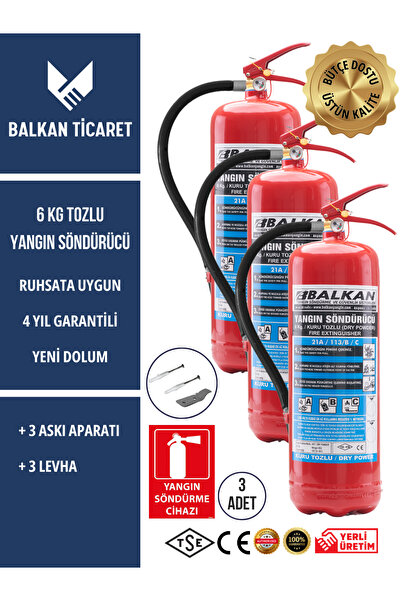 Balkan Ticaret 3 Adet Tozlu Yangın Tüpü 4 Yıllık Ruhsata Uygun (Askı Aparatı,...