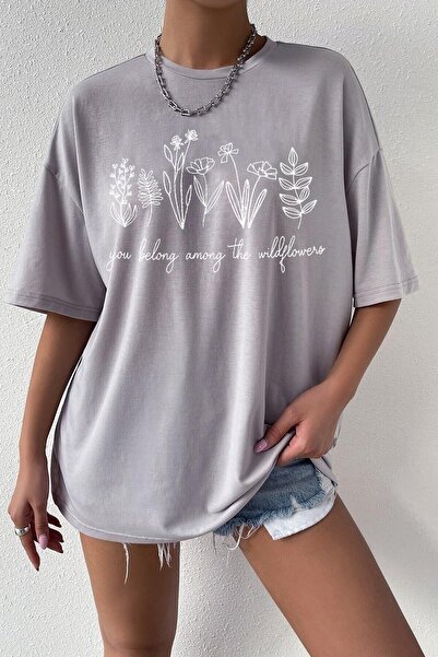 NoVibe Γυναικείο μπλουζάκι σε γκρι Wildflowers με στάμπα Oversize