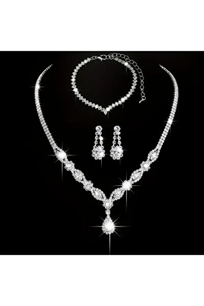 Mucha Gümüş Kaplama Zarif Damla Taşlı Kolye Küpe Bilezik Seti Düğün Nişan Par...