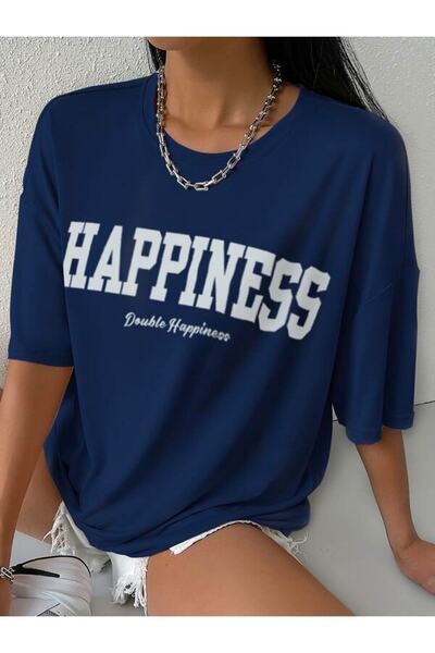 NoVibe Μπλουζάκι Oversize Indigo Happiness με στάμπα