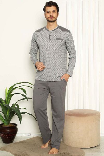 ALİMER Men's Gray O-Neck Plaid Buttoned Long Sleeve Pocket Plus Size Pajama Set Edy1179ukb-g
