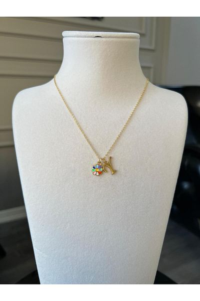 Store Y Letter Necklace - with Flower Charm and Chain