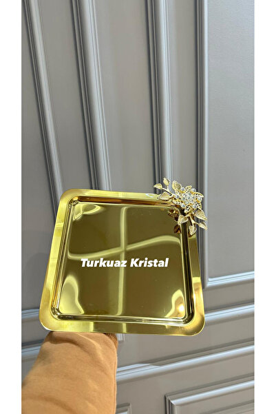 Vakıf home 4 Adet Gold Titanyum Kaplama Metal Çay Kahve Sunum Tepsisi
