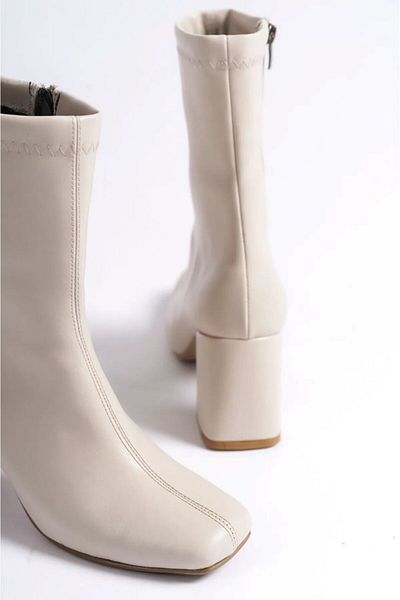 İA İLERİADIM Γυναικείες μπότες με τακούνι σε μπεζ Stretch Blunt Toe