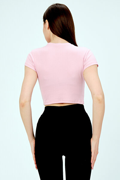 PUNKY CAT Women's Pink Crew Neck Short Sleeve Basic Ribbed T-Shirt