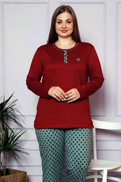 ALİMER Burgundy Crew Neck Plaid Long Sleeve Embroidered Plus Size Women's Pajama Set Edy2634ukb-b