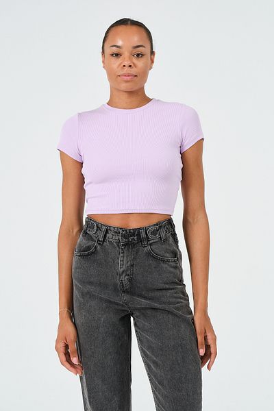 PUNKY CAT Women's Lilac Crew Neck Short Sleeve Basic Ribbed T-Shirt