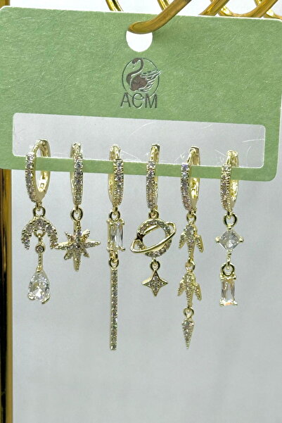 DEMOKAN Kadın Küpe İthal Full Zirkon Seri 6'lı Satrün Sallantılı Model Kararm...