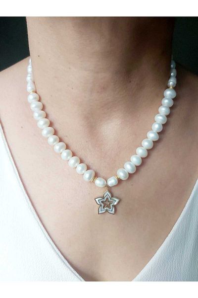 DEVİ fashion Real Pearl, Necklace Earrings Steel Set, Custom Design Set