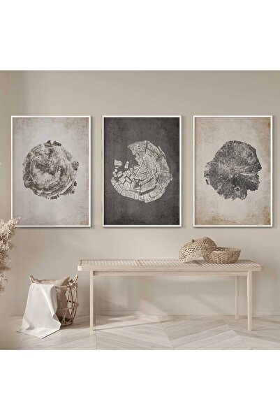 KOLAJTASARIM Bohem Ağaç Dokulu Krem Tonlu Beyaz Metal Çerçeveli Cam Tablo /S