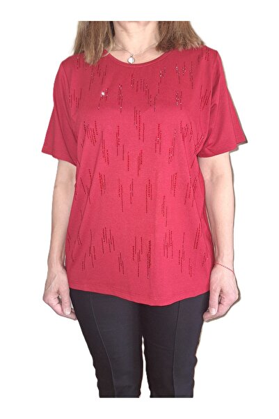 HaiModa Kadın Anne Penye Bluz Büyük Beden Ön Taşlı Kısa Kol U Yaka