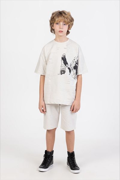 Ruhat Kids Boy's Shorts - Back - Front Printed T-Shirt with Necklace Double Set